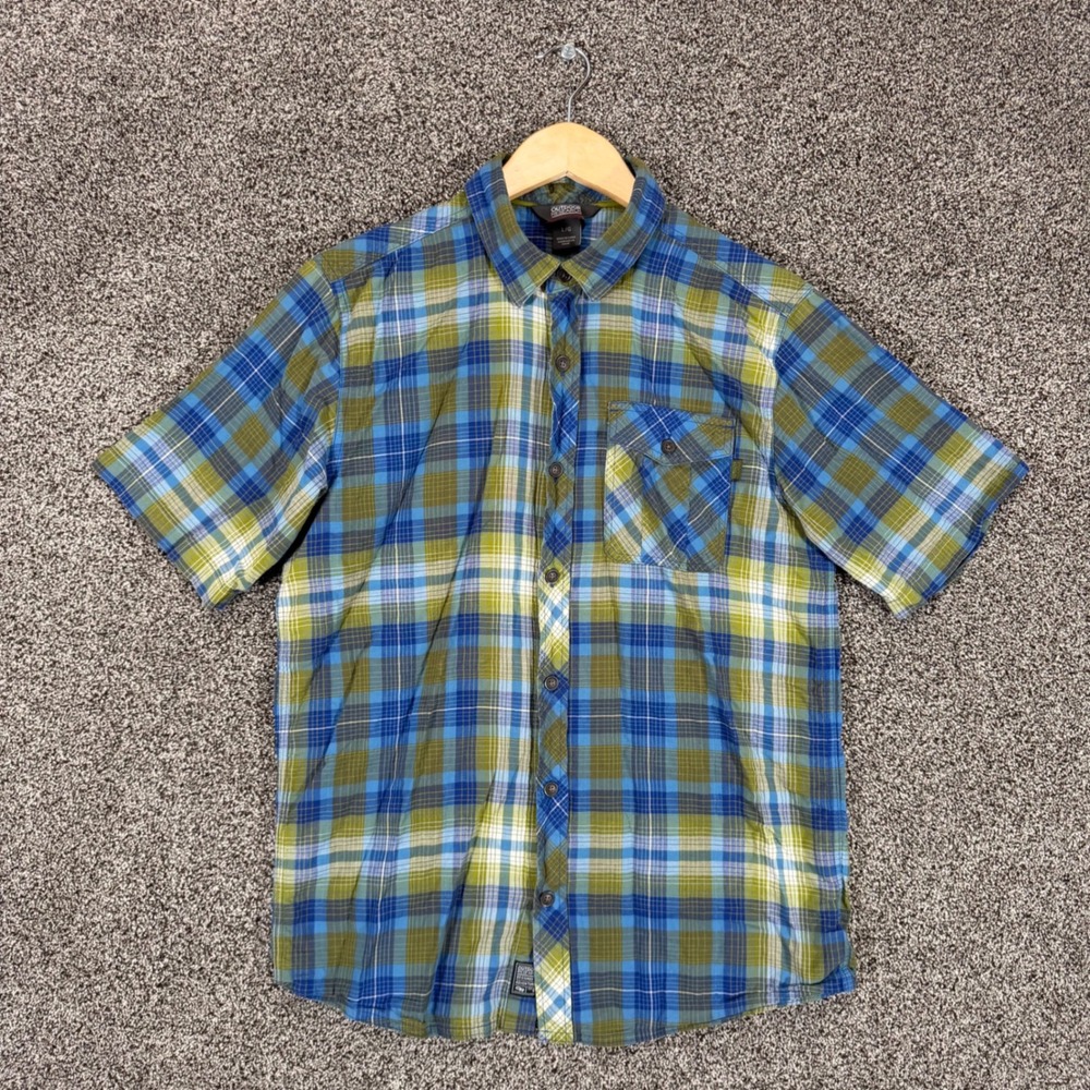 Outdoor Research Jinx Shirt Mens L Blue Green Plaid Cotton Stretch Flap Pocket